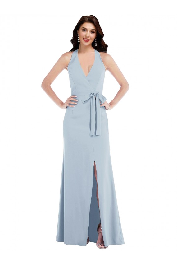 Stretch Crepe V-Neck Open Back A-Line Light Sky Blue Prom Dress Canada Factory