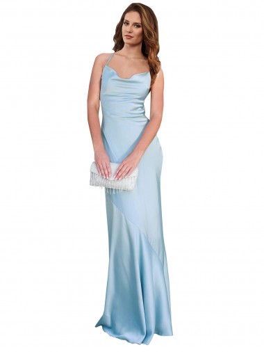 Silky Satin Cowl Neck Open Back Sheath Light Sky Blue Prom Dress Canada Factory