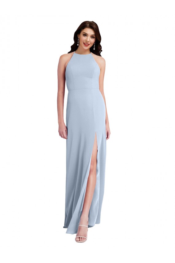 Stretch Crepe High Neck Open Back Sheath Light Sky Blue Prom Dress Canada Factory