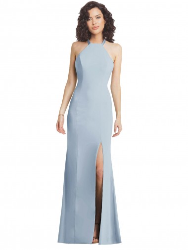 Stretch Crepe High Neck Open Back Trumpet Light Sky Blue Prom Dress Canada Factory