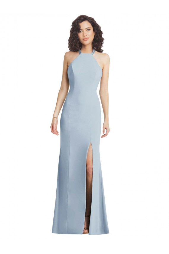 Stretch Crepe High Neck Open Back Trumpet Light Sky Blue Prom Dress Canada Factory