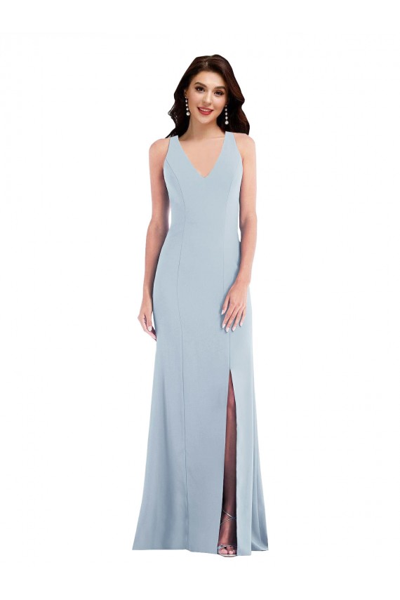 Stretch Crepe V-Neck Open Back Trumpet Light Sky Blue Prom Dress Canada Factory