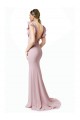 Stretch Crepe Jewel Neck V-Back Mermaid Sheath Pink Black Tie Prom Dress Canada Factory