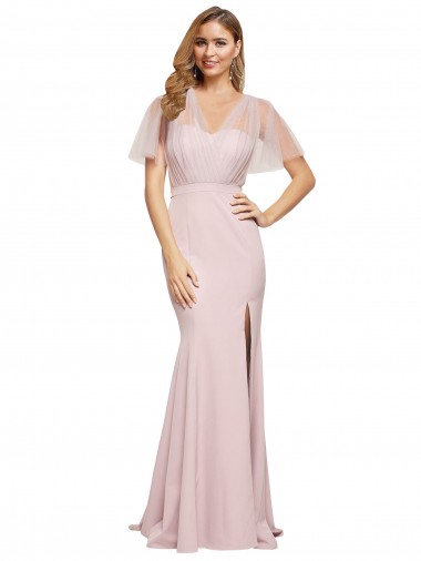 Stretch Crepe & Tulle Sweetheart V-Back Sheath Mauve Prom Dress Canada Factory