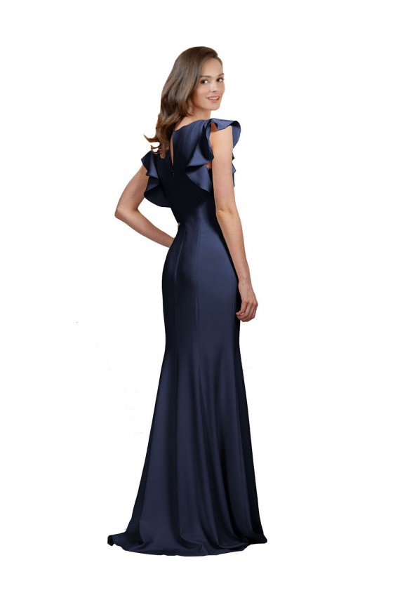 Stretch Crepe Bateau Neck Keyhole Back Mermaid Dark Navy Prom Dress Canada Factory