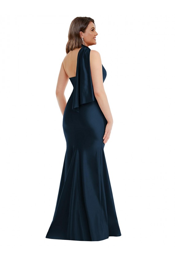 Silky Satin Halter Neck Mermaid Dark Navy Plus Size Formal Prom Dress Canada Factory