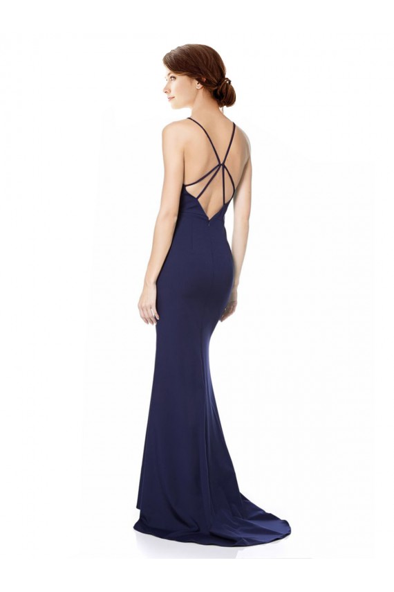 Stretch Crepe High Neck Criss Cross Open Back Mermaid Navy Blue Long Prom Dress Canada Factory
