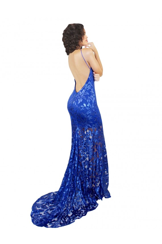 Lace High Neck Open Back Mermaid Royal Blue Prom Dress Canada Factory