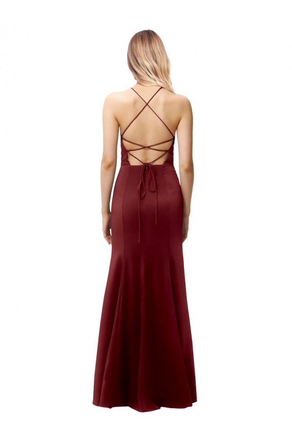 Stretch Crepe High Neck Open Back Mermaid Burgundy Gold Prom Dress Canada Factory