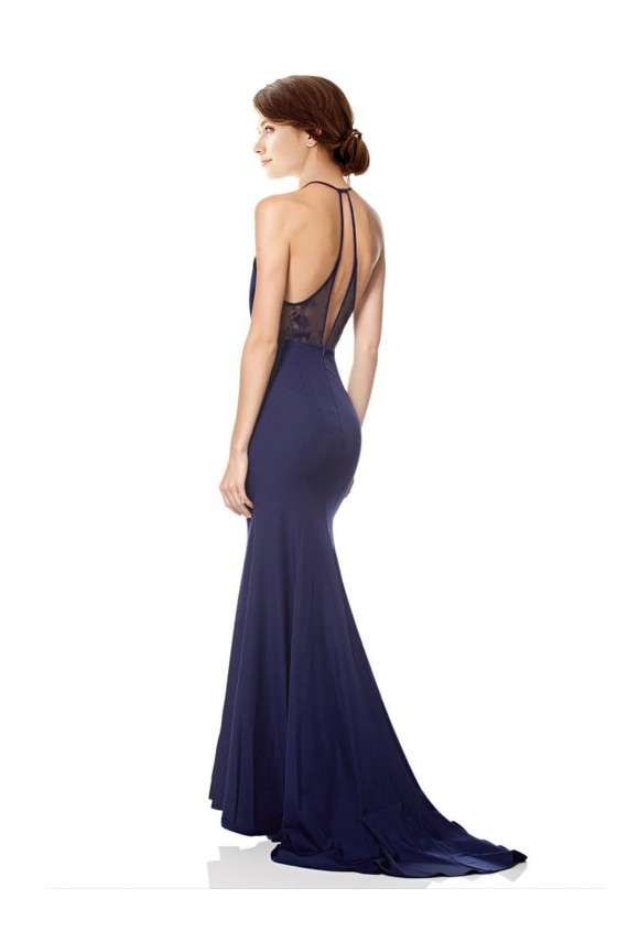 Stretch Crepe High Neck Mermaid Navy Blue Prom Dress Canada Factory