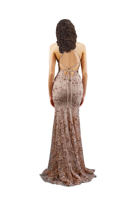 Stretch Crepe & Sequin Tulle High Neck Open Back Mermaid Rose Gold Prom Dress Canada Factory