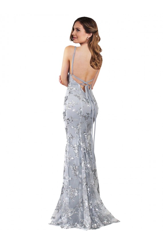 Stretch Crepe & Sequin Tulle High Neck Open Back Mermaid Silver Prom Dress Canada Factory