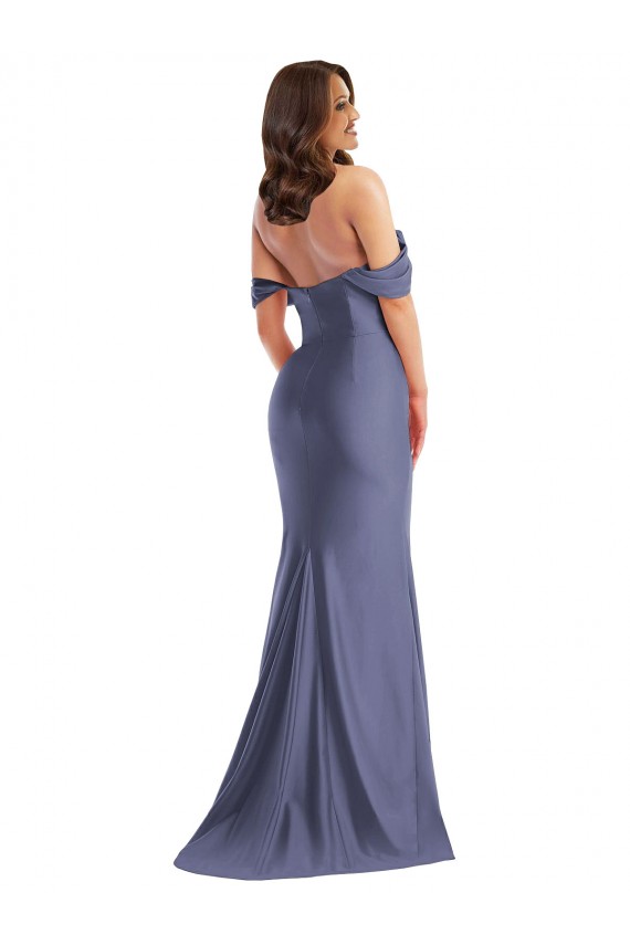 Silky Satin Off the Shoulder Low Back Mermaid French Blue Black Tie Plus Size Prom Dress Canada Factory