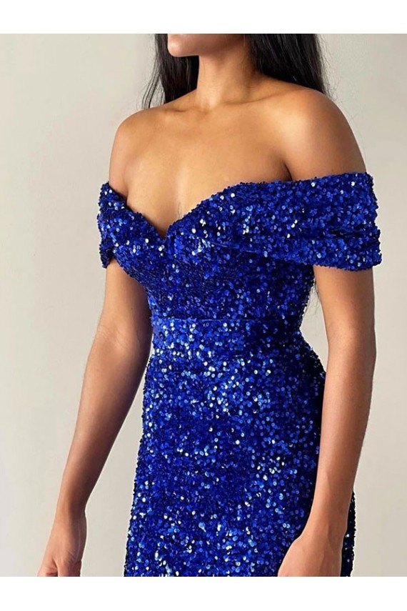 Velvet Sequin Off the Shoulder Mermaid Royal Blue Prom Dress Canada Factory