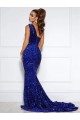 Velvet Sequin One Shoulder Mermaid Royal Blue Court Train Prom Dress Canada Factory