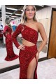 Velvet Sequin One Shoulder Sweep Train Mermaid Burgundy Prom Dress Canada Factory