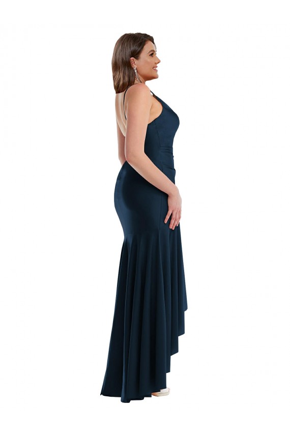 Silky Satin Spaghetti Straps Mermaid Dark Navy High Low Plus Size Prom Dress Canada Factory