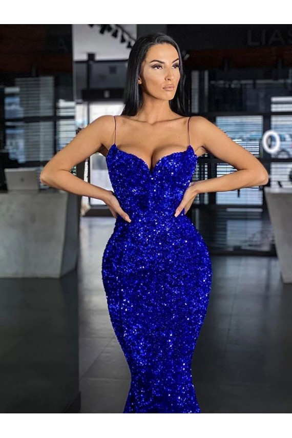 Velvet Sequin Spaghetti Straps Mermaid Royal Blue Prom Dress Canada Factory