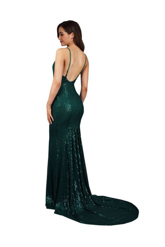Sequin V-Neck Low Back Mermaid Dark Green Prom Dress Canada Factory