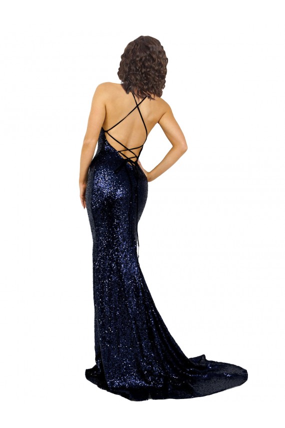Sequin V-Neck Open Back Mermaid Dark Navy Prom Dress Canada Factory