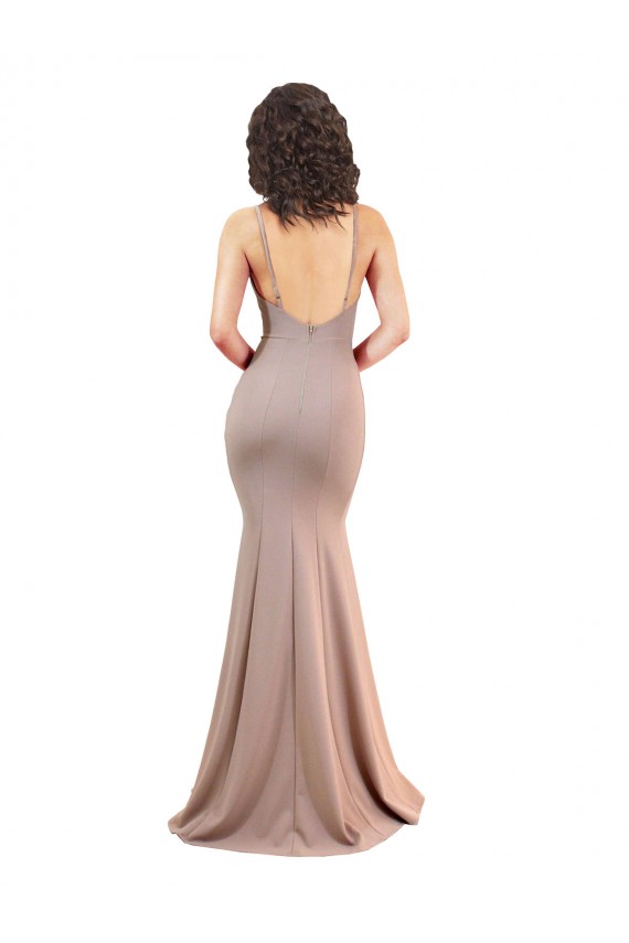 Stretch Crepe V-Neck Low Back Mermaid Dusty Pink Black Tie Prom Dress Canada Factory