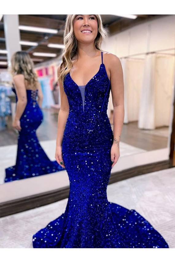 Velvet Sequin V-Neck Mermaid Royal Blue Prom Dress Canada Factory