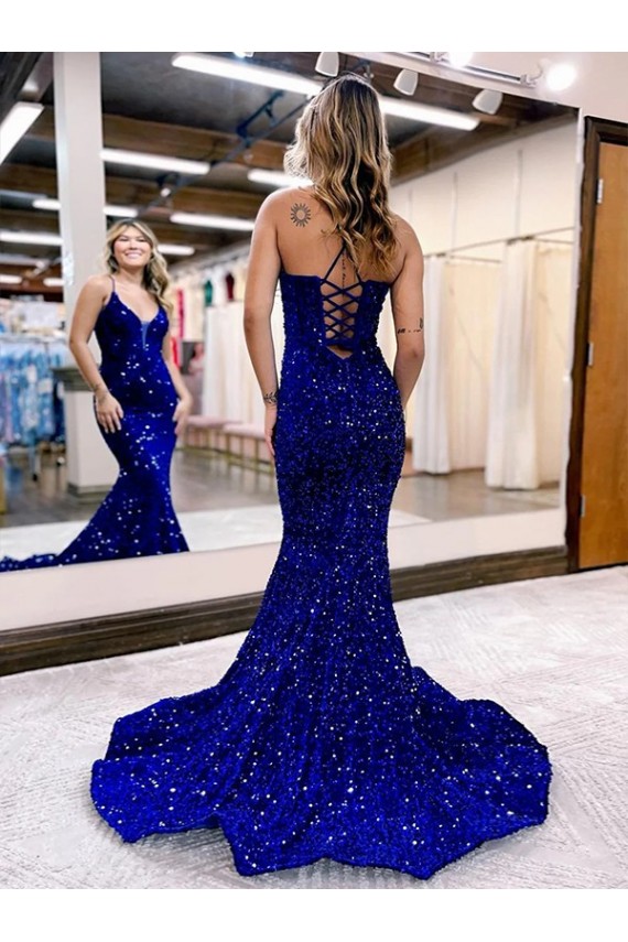 Velvet Sequin V-Neck Mermaid Royal Blue Prom Dress Canada Factory