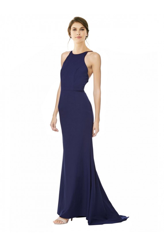 Stretch Crepe High Neck Criss Cross Open Back Mermaid Navy Blue Long Prom Dress Canada Factory