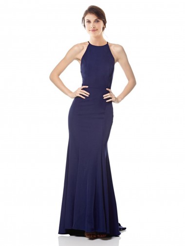 Stretch Crepe High Neck Mermaid Navy Blue Prom Dress Canada Factory