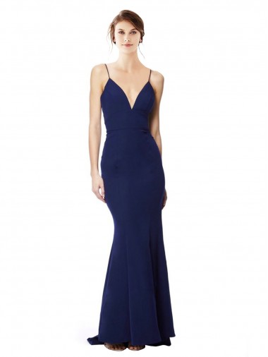 Stretch Crepe High Neck Open Back Mermaid Navy Blue Prom Dress Canada Factory