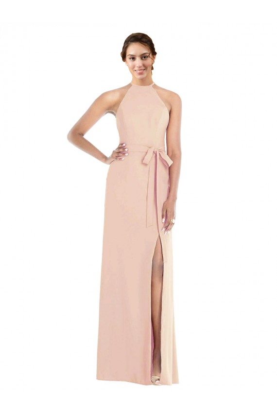 Stretch Crepe Halter Neck Open Back Trumpet Nude Prom Dress Canada Factory