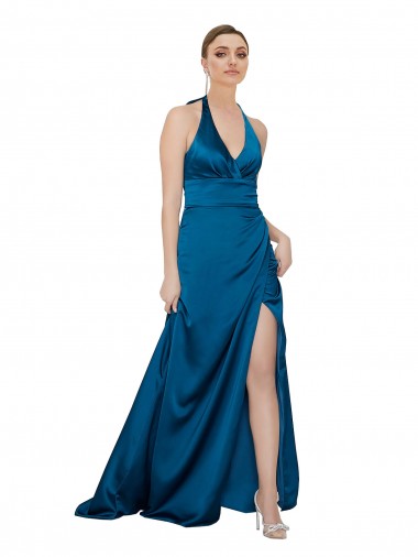 Silky Satin Halter Neck Open Back A-Line Peacock Blue Prom Dress Canada Factory