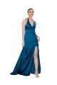 Silky Satin Halter Neck Open Back A-Line Peacock Blue Prom Dress Canada Factory