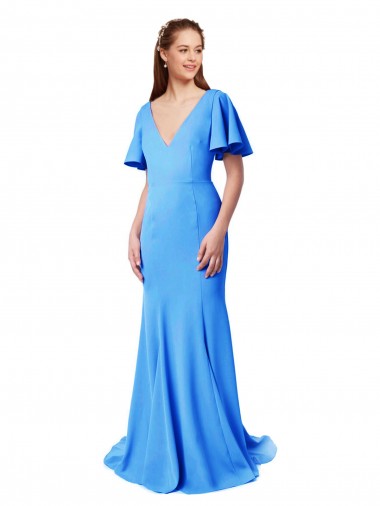 Stretch Crepe V-Neck V-Back Mermaid Sheath Peacock Blue Prom Dress Canada Factory