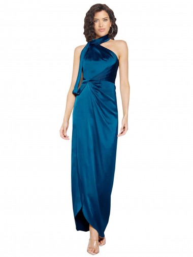 Silky Satin High Neck Sheath Peacock Blue Prom Dress Canada Factory
