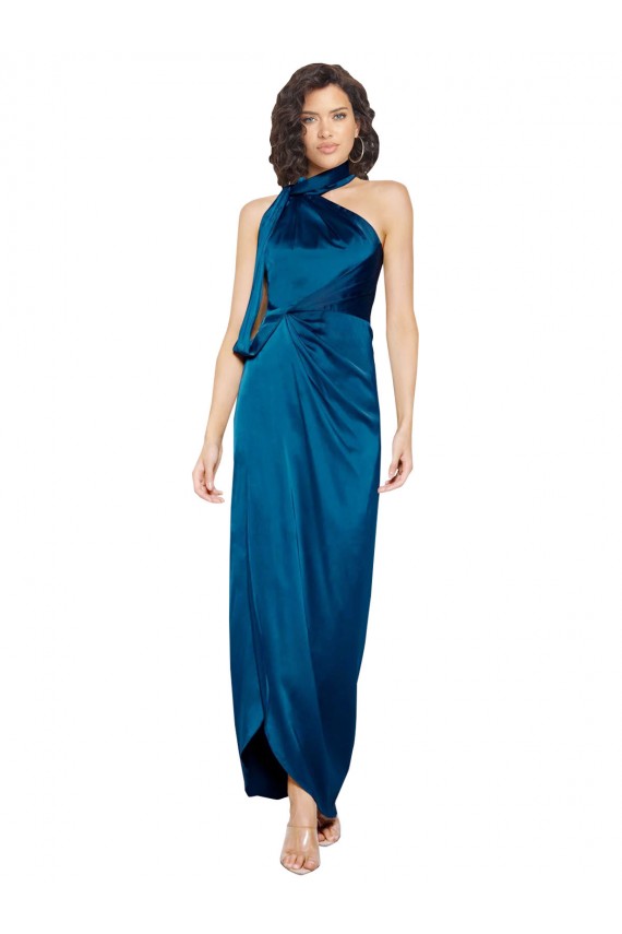 Silky Satin High Neck Sheath Peacock Blue Prom Dress Canada Factory