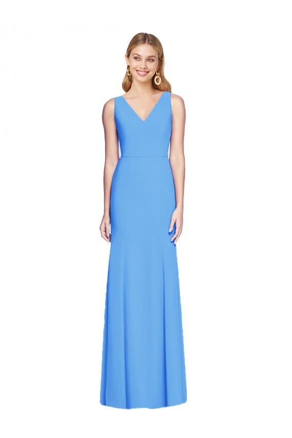 Stretch Crepe V-Neck Keyhole Back Trumpet Peacock Blue Prom Dress Canada Factory