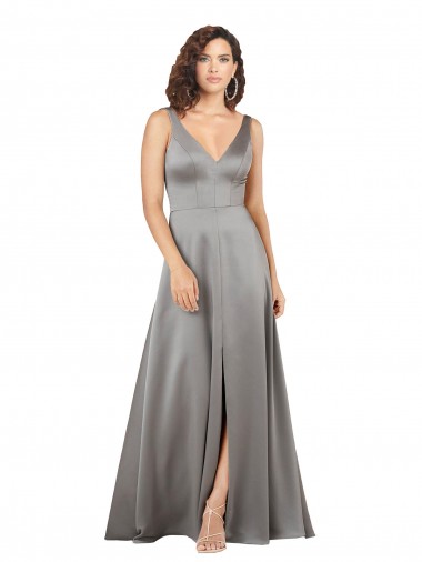 Silky Satin V-Neck A-Line Pearl Grey Prom Dress Canada Factory