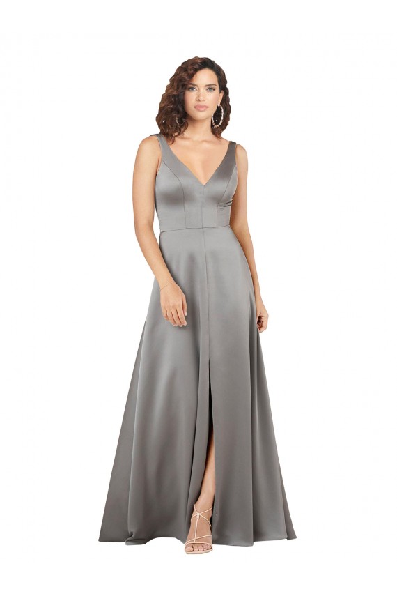 Silky Satin V-Neck A-Line Pearl Grey Prom Dress Canada Factory