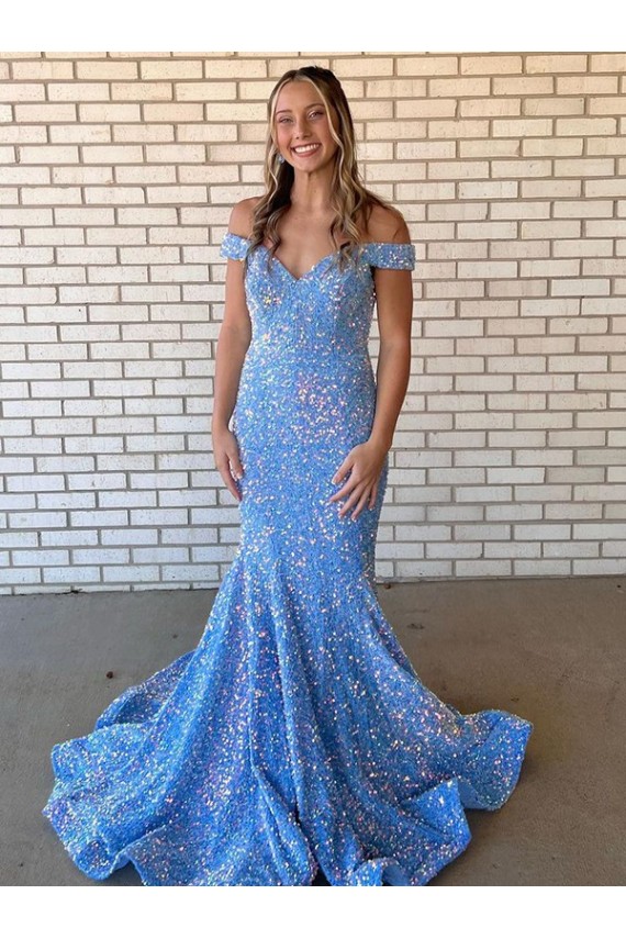 Velvet Sequin Off the Shoulder Mermaid Periwinkle Prom Dress Canada Factory
