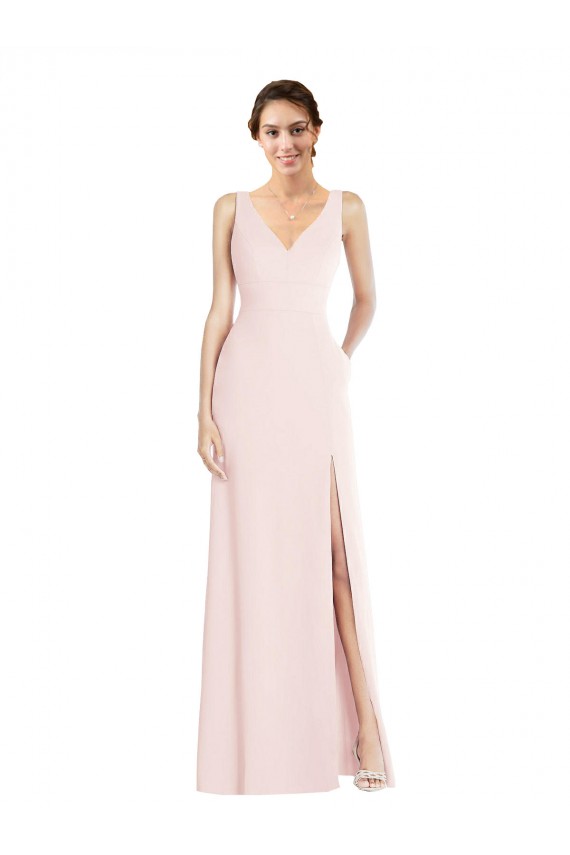Stretch Crepe V-Neck Low Back A-Line Pink Black Tie Prom Dress Canada Factory