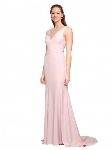 Stretch Crepe V-Neck V-Back A-Line Pink Black Tie Prom Dress Canada Factory