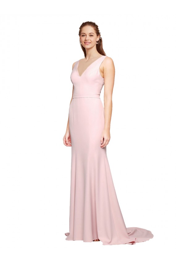 Stretch Crepe V-Neck V-Back A-Line Pink Black Tie Prom Dress Canada Factory