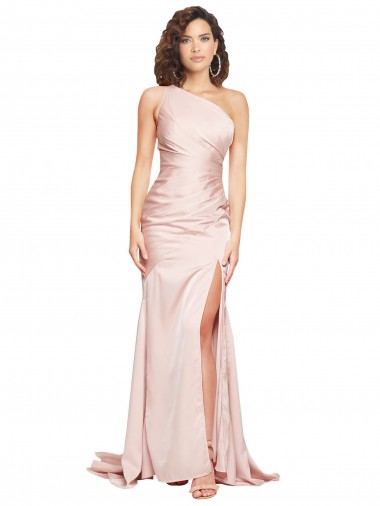 Silky Satin One Shoulder Sheath Pink Black Tie Prom Dress Canada Factory