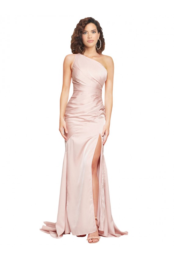 Silky Satin One Shoulder Sheath Pink Black Tie Prom Dress Canada Factory