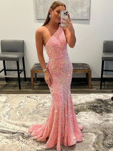 Velvet Sequin One Shoulder Sheath Pink Prom Dress Canada Factory