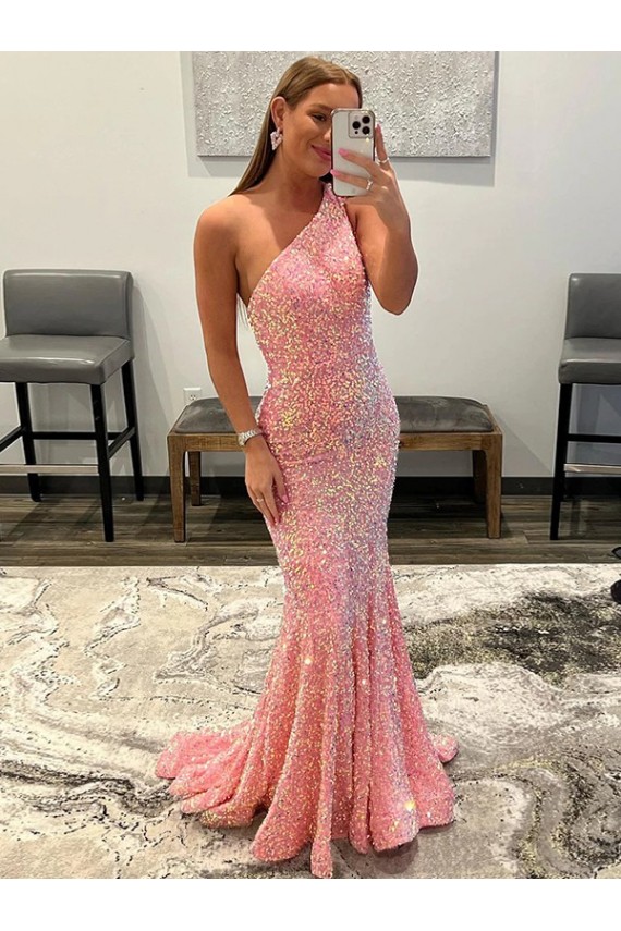 Velvet Sequin One Shoulder Sheath Pink Prom Dress Canada Factory