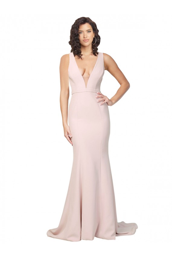 Stretch Crepe V-Neck V-Back Sheath Pink Black Tie Prom Dress Canada Factory