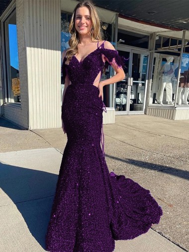 Velvet Sequin V-Neck Sheath Plum Purple Prom Dress Canada Factory