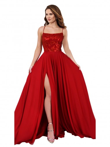 Spandex & Lace Square Neck Open Back A-Line Red Prom Dress Canada Factory